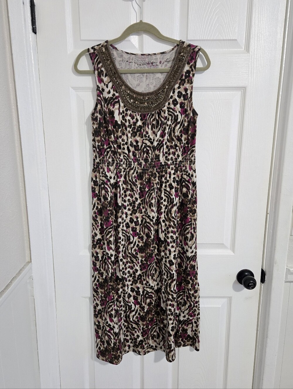 Girls' Sleeveless Leopard Print Dress with Beaded Neckline - Cream & Pink
